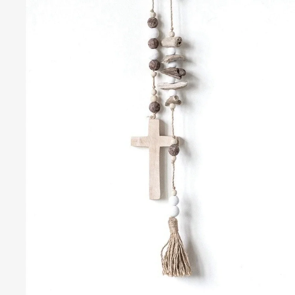 Creative Co-Op Bead & Abaca Cross Wood Garland, Multicolor